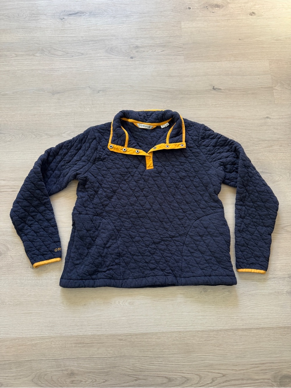 Orvis Outdoor Quilted Snap Sweatshirt Navy Yellow Pullover Women’s Medium